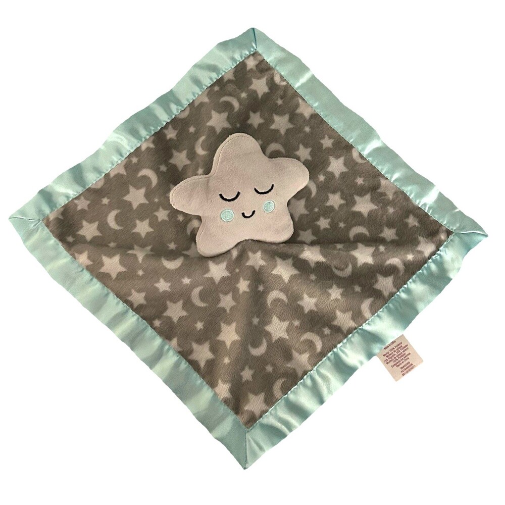 Parents Choice Star Lovey Moons Gray Aqua Teal Plush Satin Security Blanket